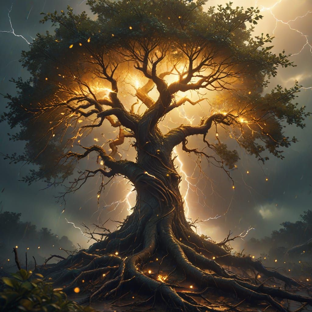 Enchanted Tree of Life in Lightning Storm