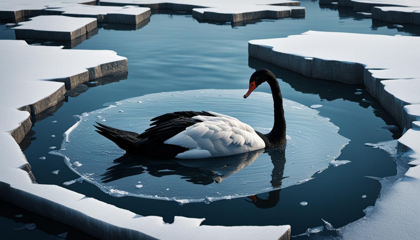 dancing in iced lake, a black swan, a hole with fish outside, sinked old boat, PICASSO, split-complementary colors, conc...