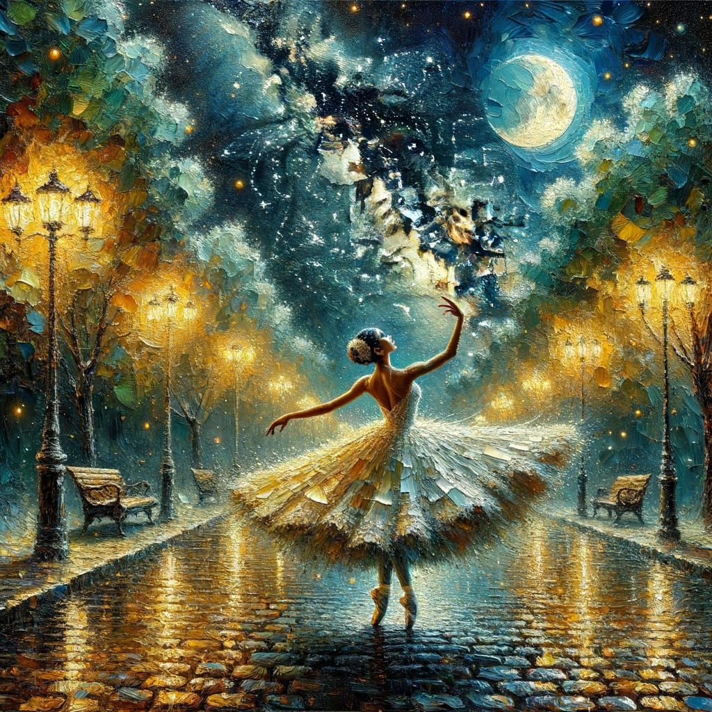 A ballerina in a milky way–inspired tutu dancing. Background...