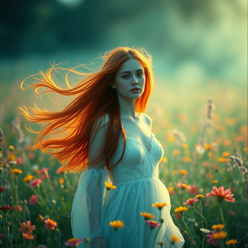 Ethereal Woman in Dreamy Wildflower Field, Cinematic