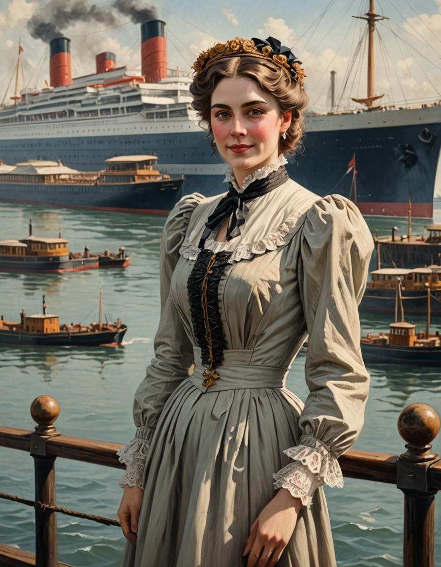 Victorian Woman at Port with Ocean Liner