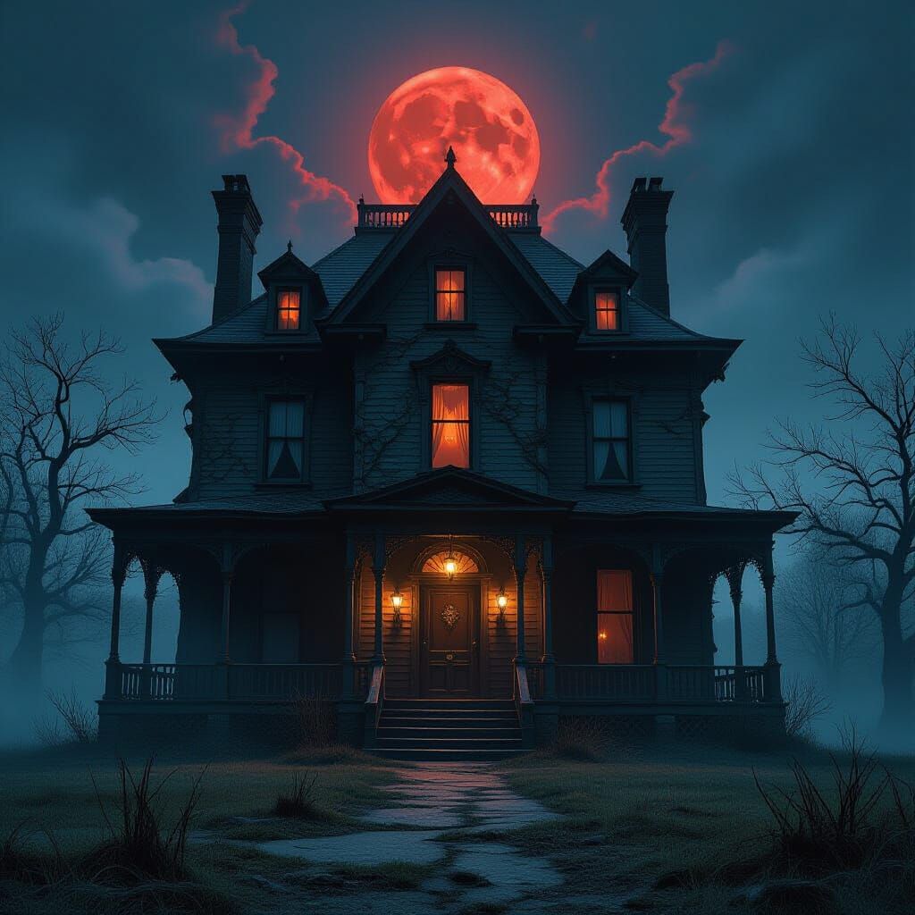 Menacing Mansion Under a Blood Moon