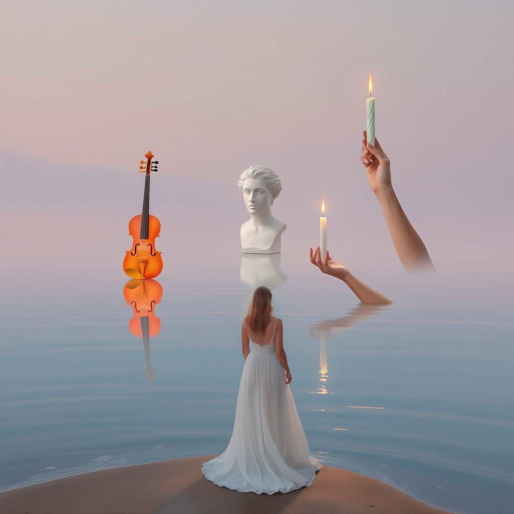 Pastel Surrealist Seascape with Mirrored Artifacts