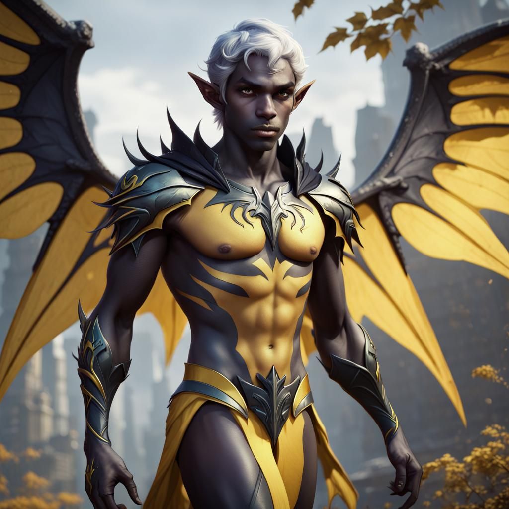 Drow Elf Superhero with Black and Yellow Wings