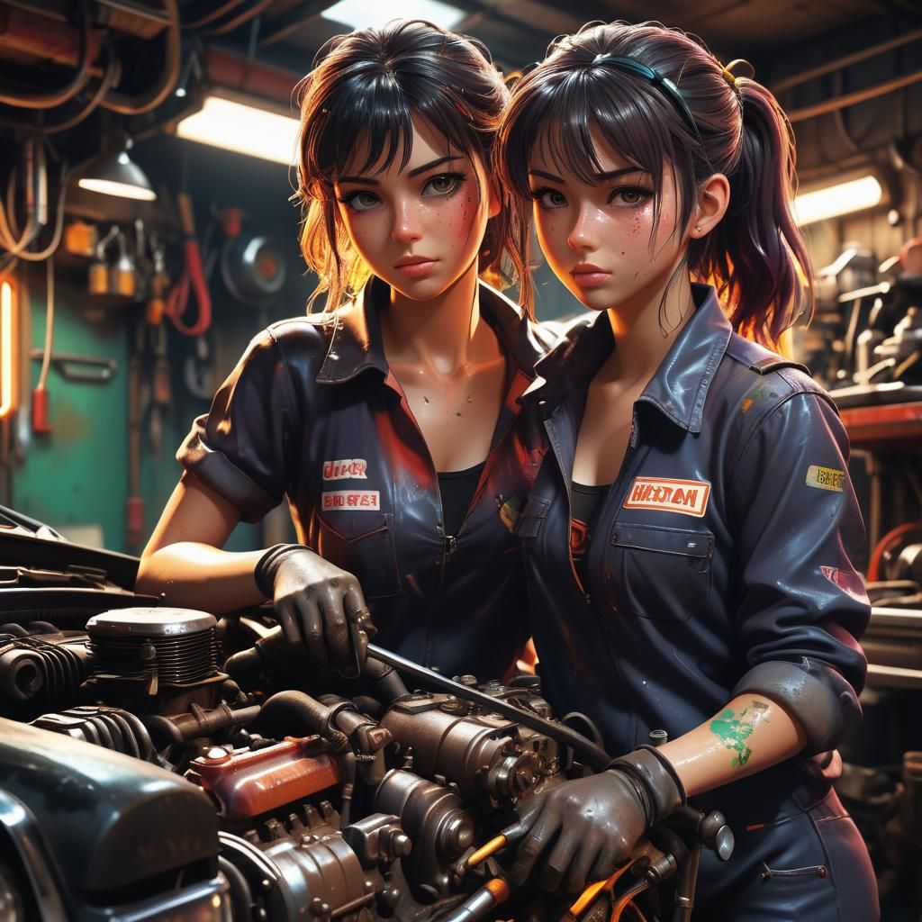 Anime Garage Scene with Female Mechanic