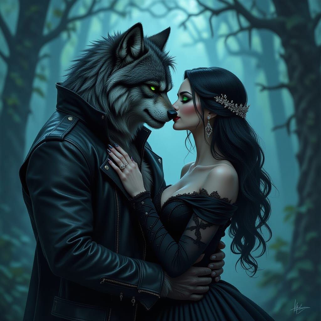 Werewolf and Vampire Kiss in Mystical Forest