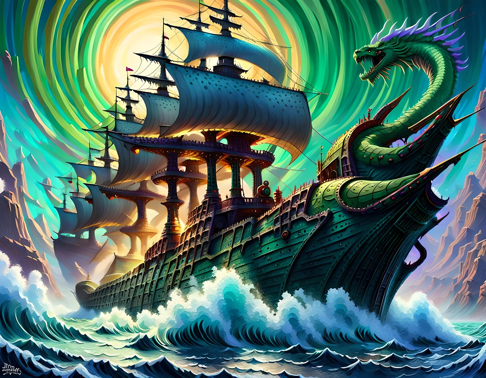 Giant Warship Rides a Multicolored Ocean Whirlpool