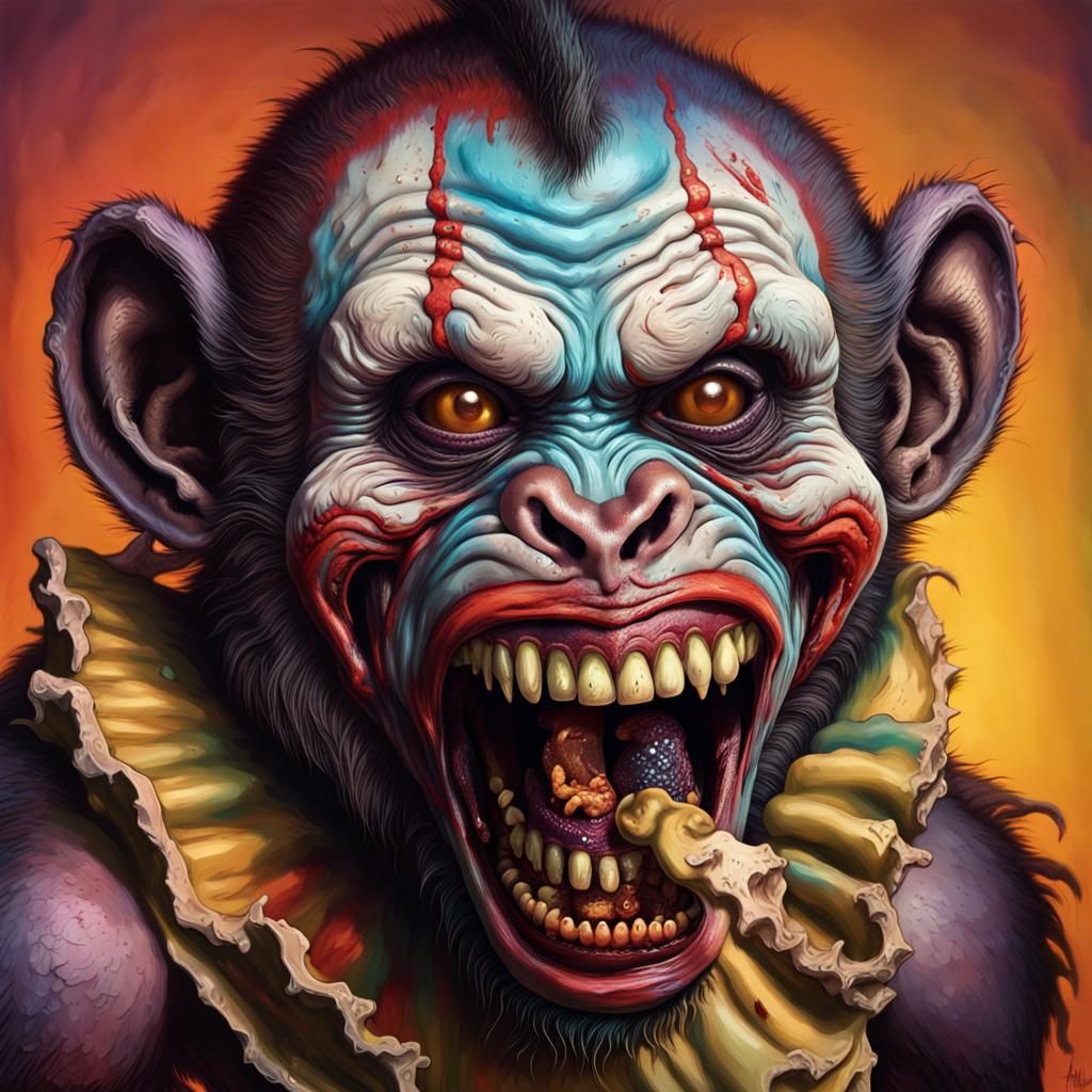 Hyperrealistic Zombie Monkey Clown Gnawing a Bone