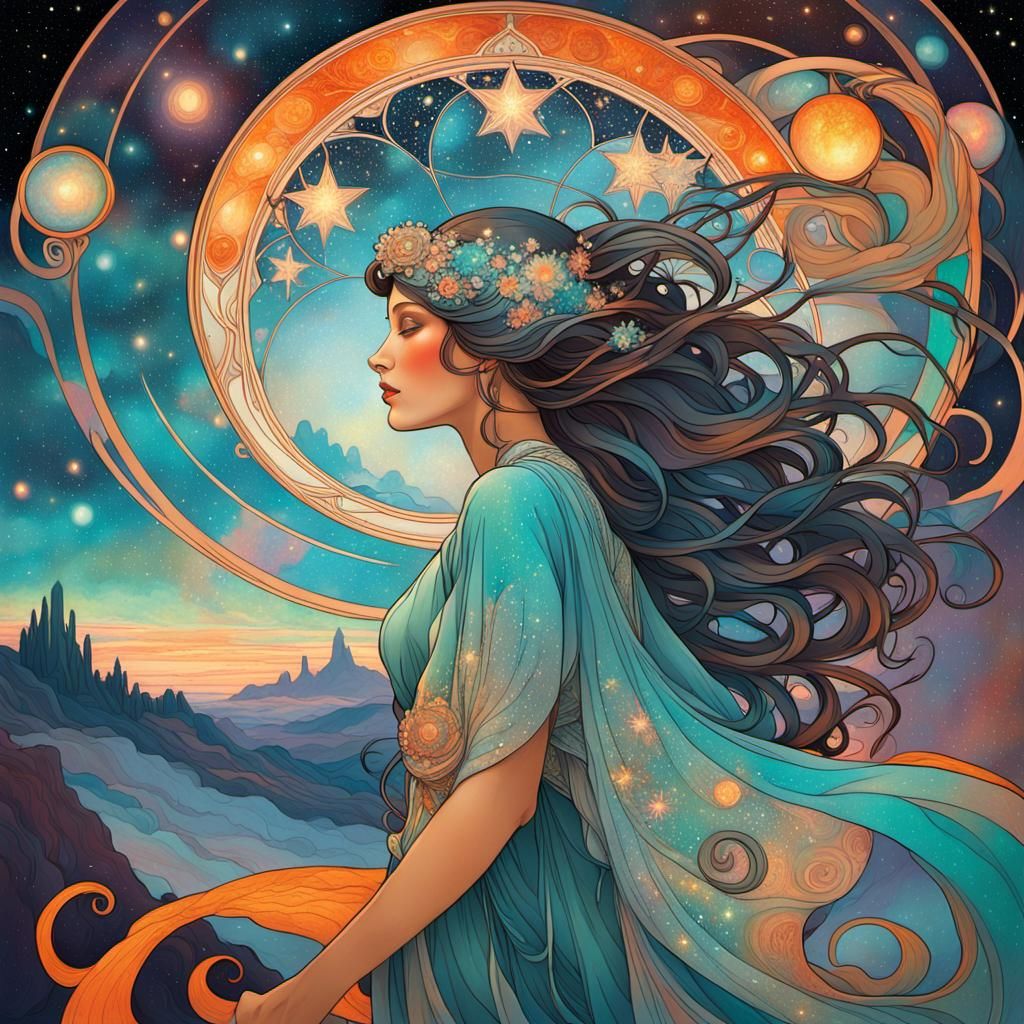 Girl Gazing at Starry Galaxy in Art Nouveau Style