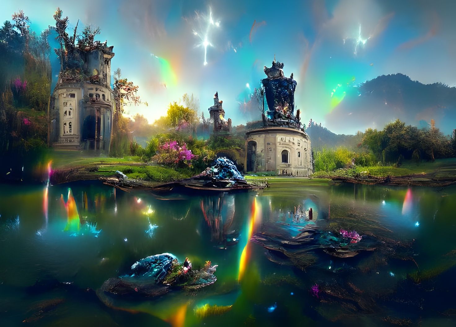 Fairytale Castle by Iridescent Pond Under Starry Sky