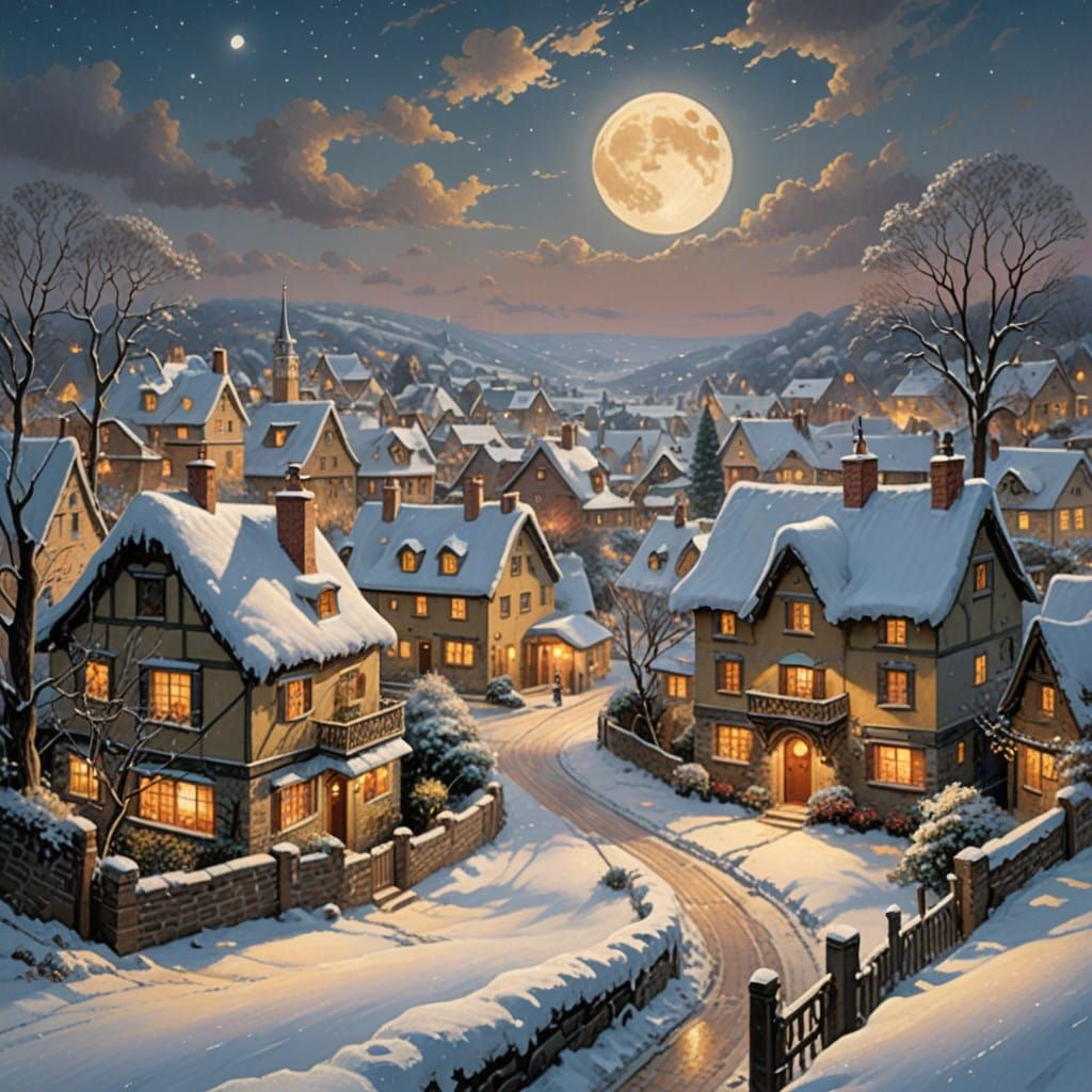 Whimsical Winter Village Under Starry Night Sky