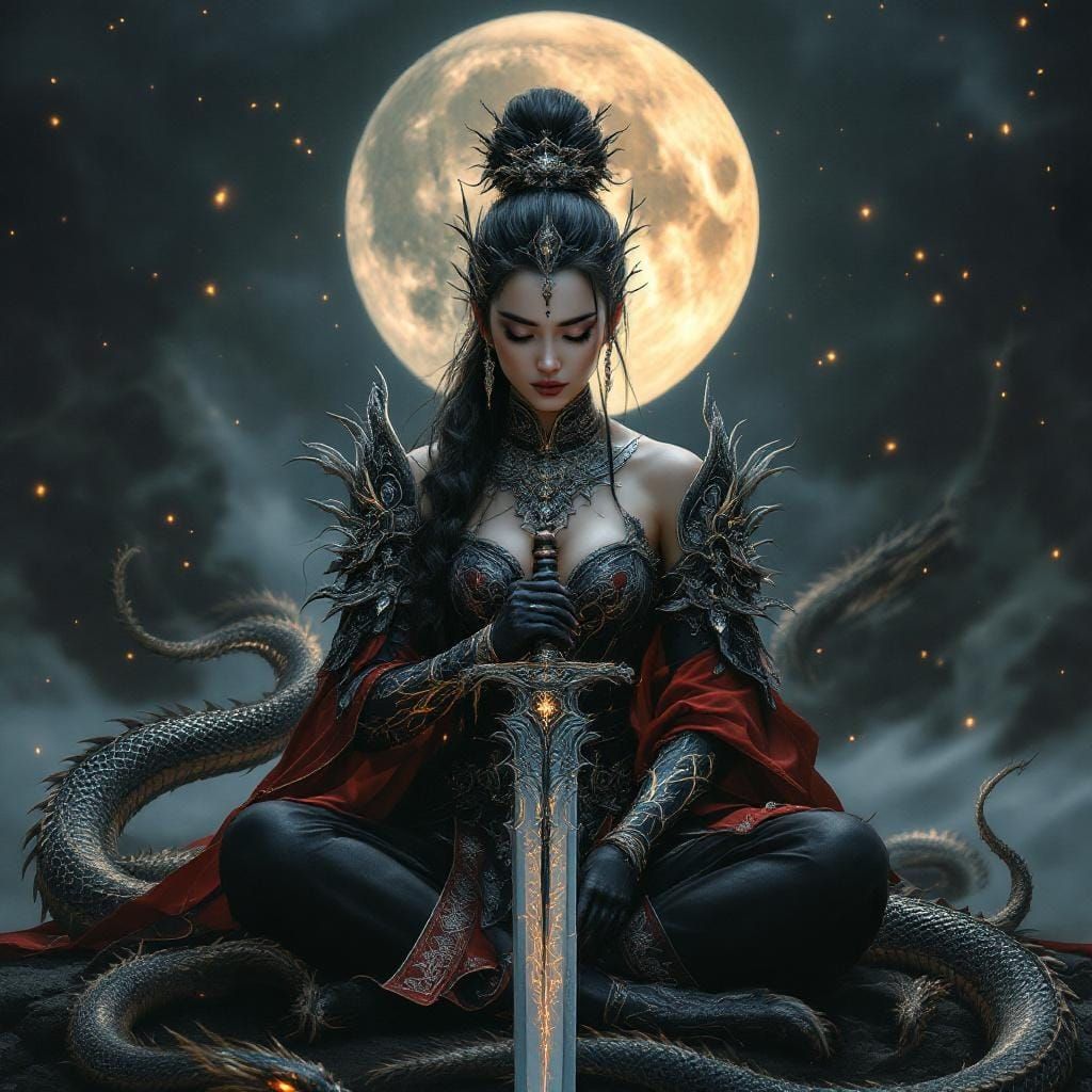 Thai-French Warrior Meditates Under Moon with Celestial Drag...
