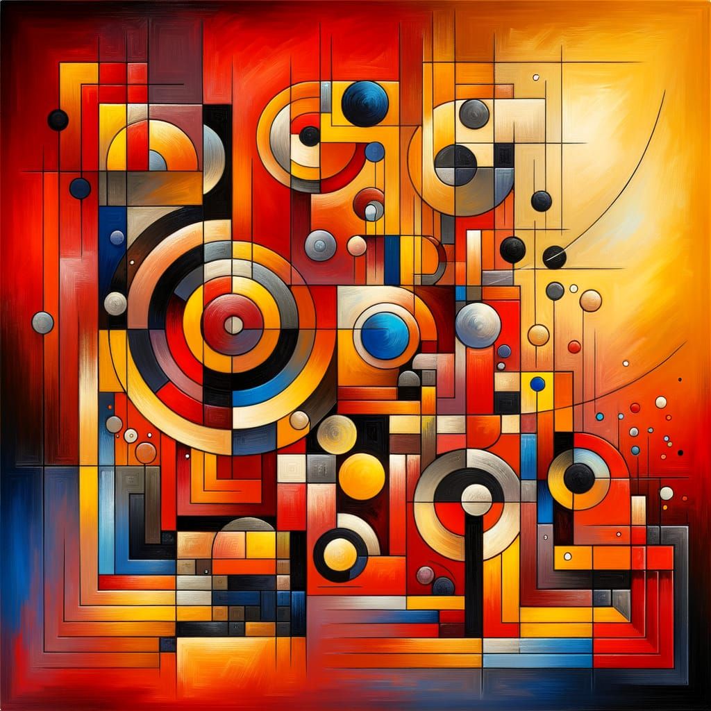 Vibrant Abstract Geometric Painting with Red Background