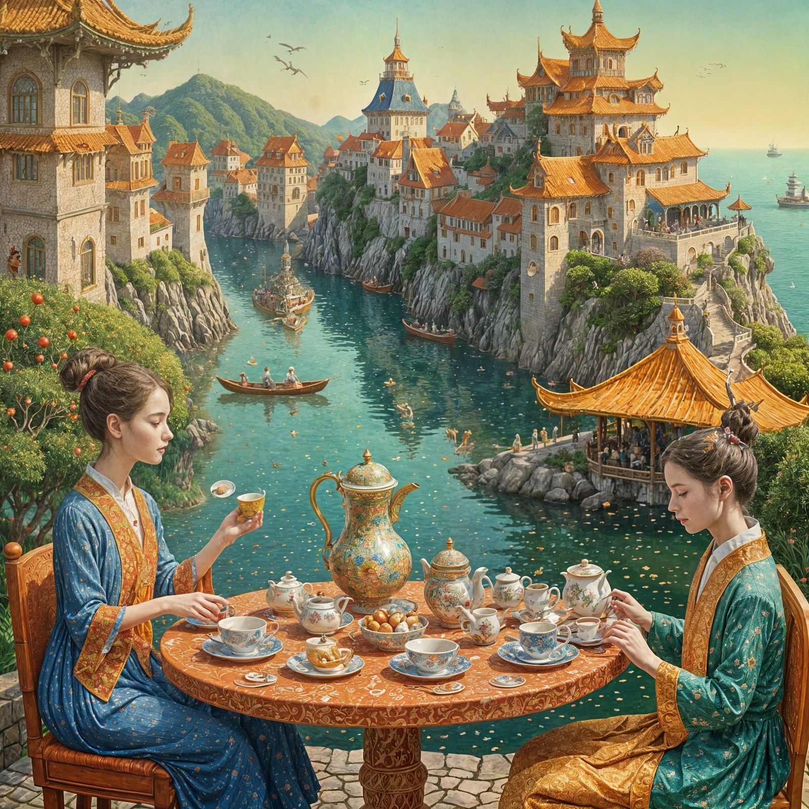 Fairytale Seaside Town with Celestial Dragons, Pointillism