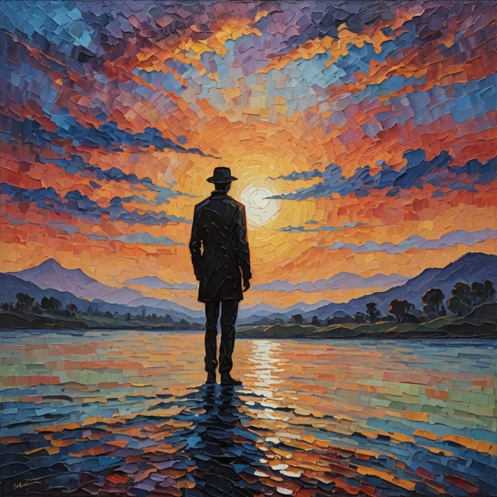 Silhouette Human Before Sun: Expressionist Oil Painting