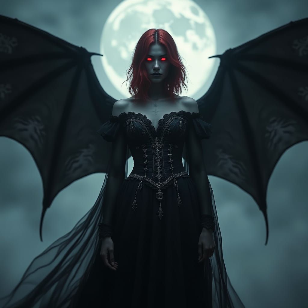 Mysterious Vampire Woman in Gothic Gown with Wings