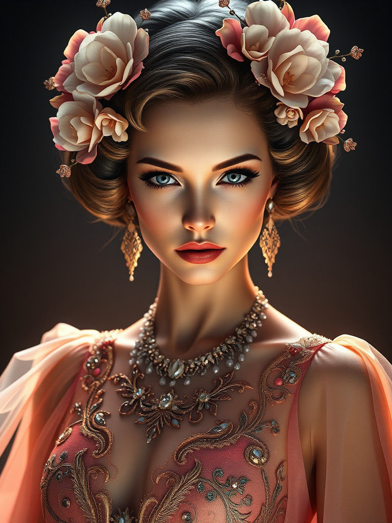 Art Deco Woman with Flowering Hair Portrait