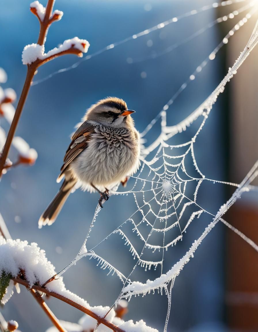 Bird Resting on Frozen Spiderweb on Sunny Day