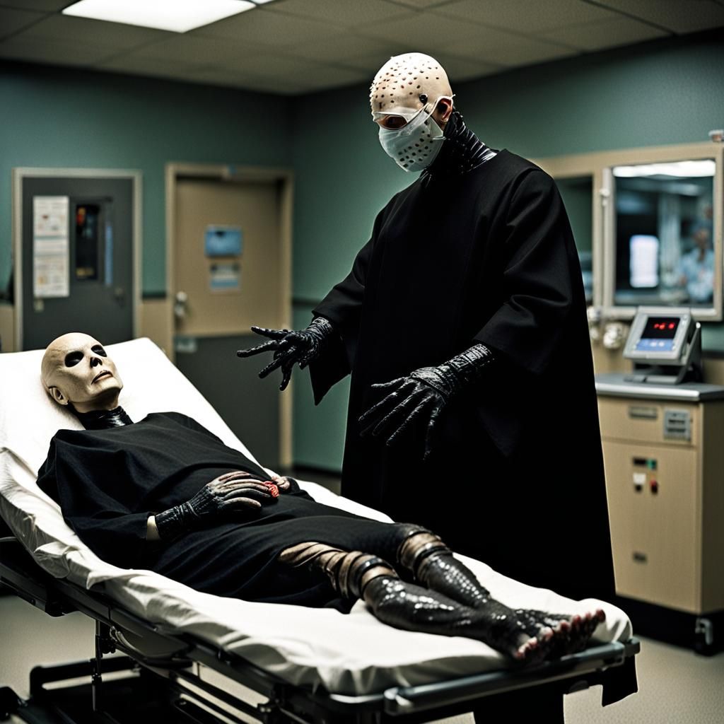 Female Pinhead Giving Birth in Dark Hospital Room