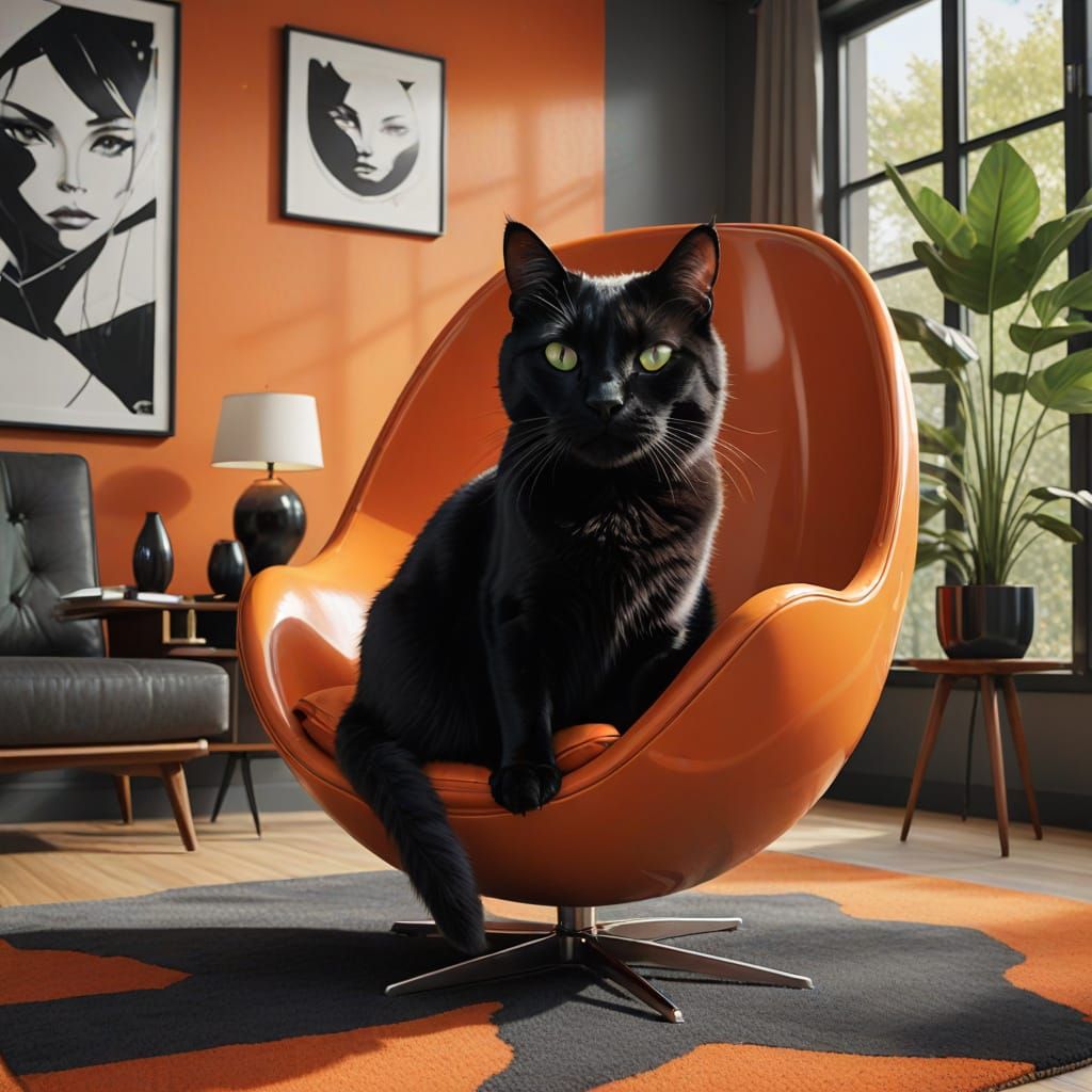 Sleek Black Cat in Bold Orange Mid-Century Chair