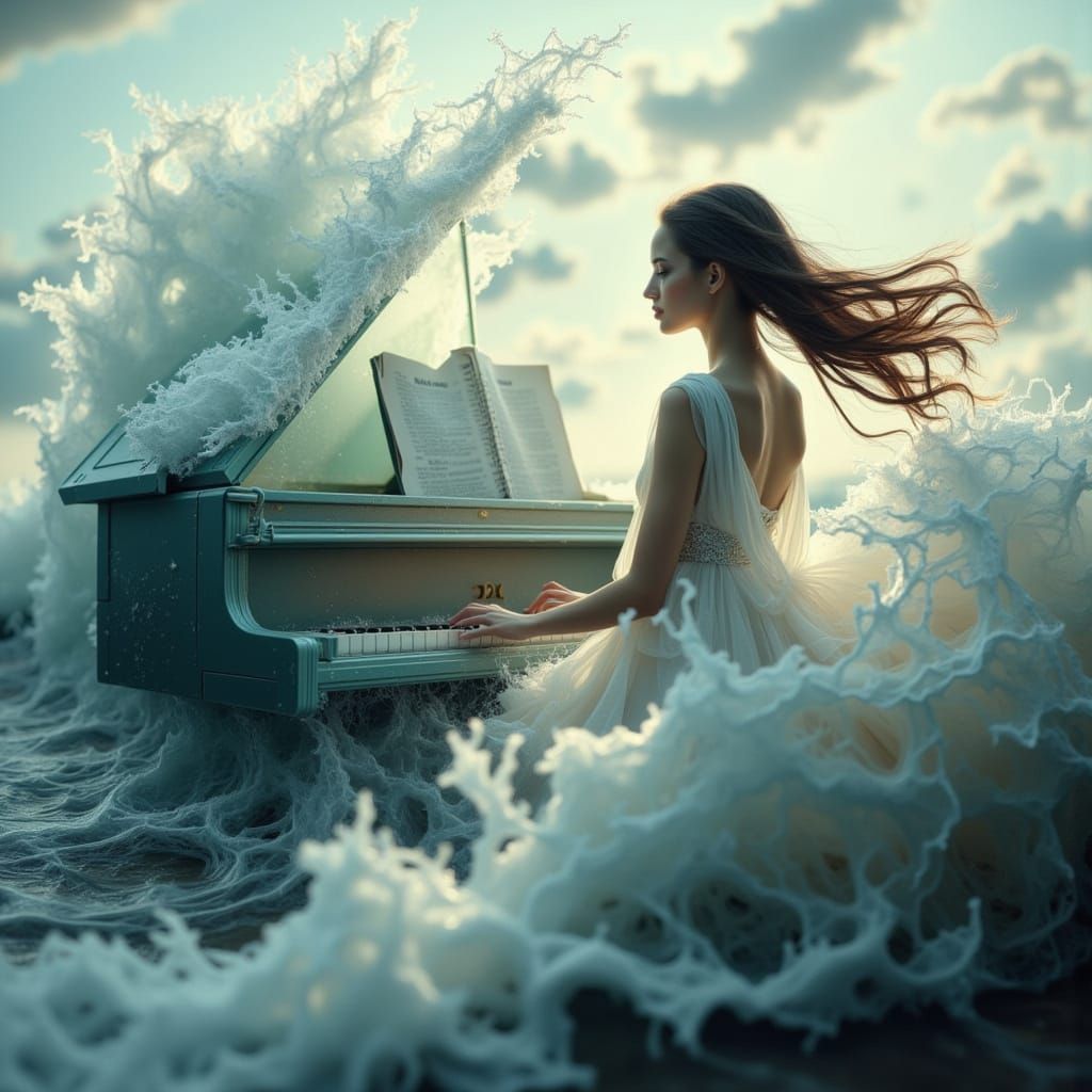 Ethereal Woman Plays Piano in Crashing Ocean Waves