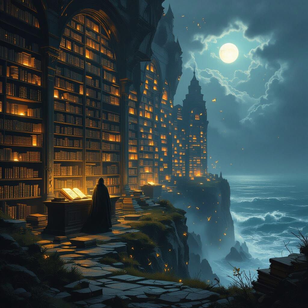Ancient Library on Cliff Overlooking Stormy Sea