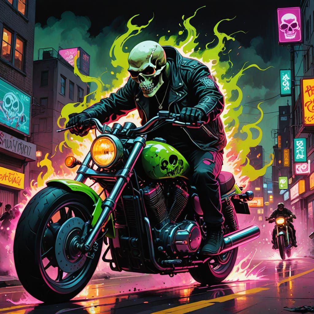 Giant Skull Motorcycle Gang in Graffiti Art Style