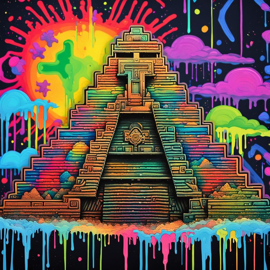 Rainbow Bismuth Aztec Warrior in Neon Graffiti Style