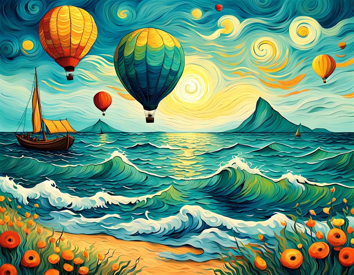 Seascape with Sailboats and Hot Air Balloon as Van Gogh Pain...