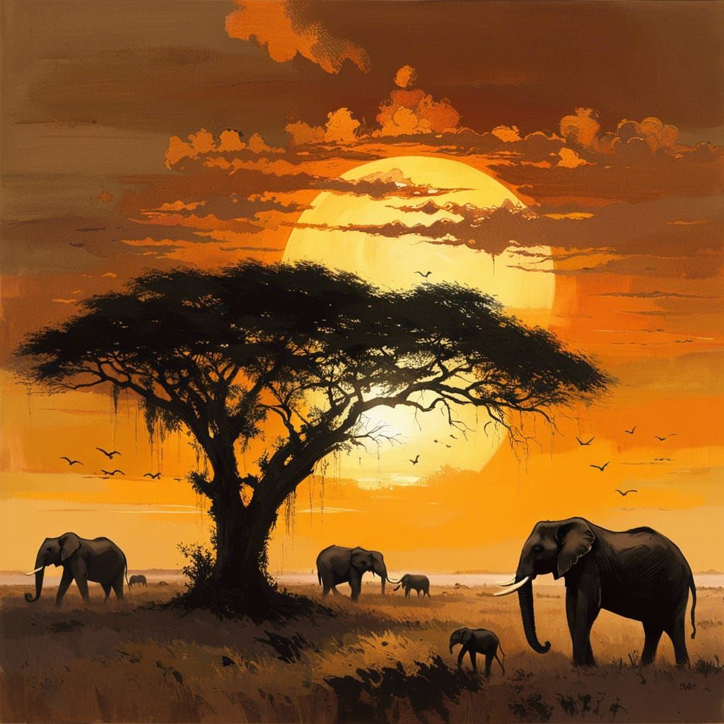 Elephants at sunset