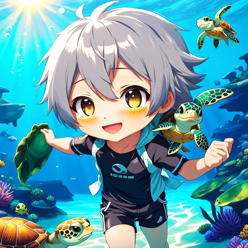 Anime Boy Swims with Sea Turtle