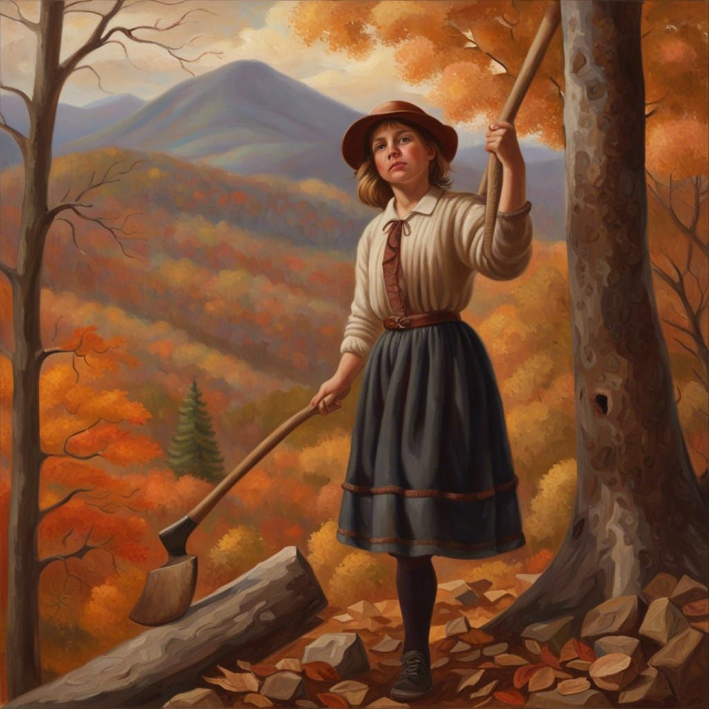 A girl cutting wood from a tree