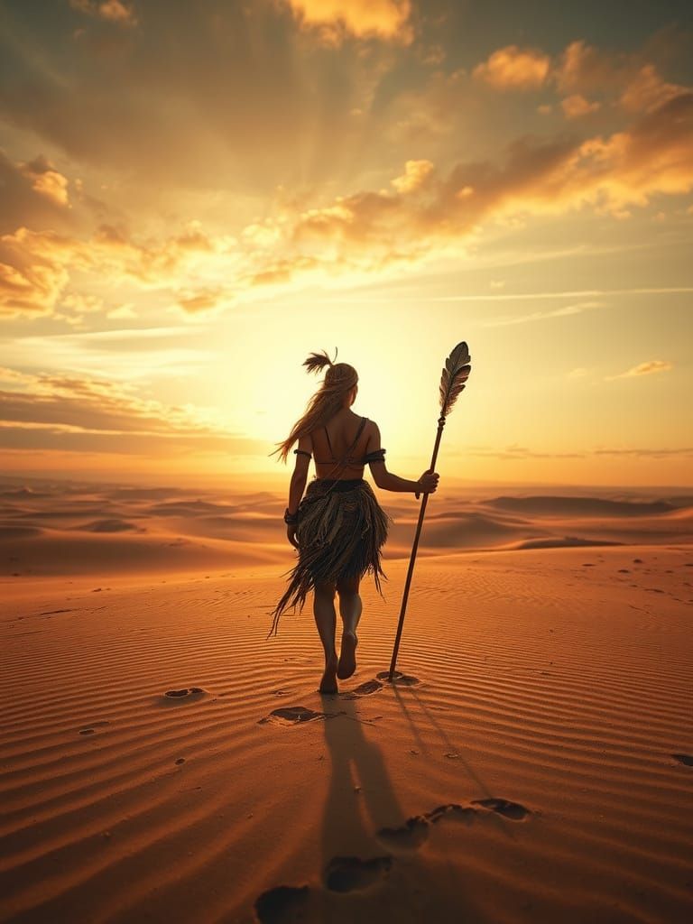 futuristic nomad, traversing a desolate, windswept desert at...