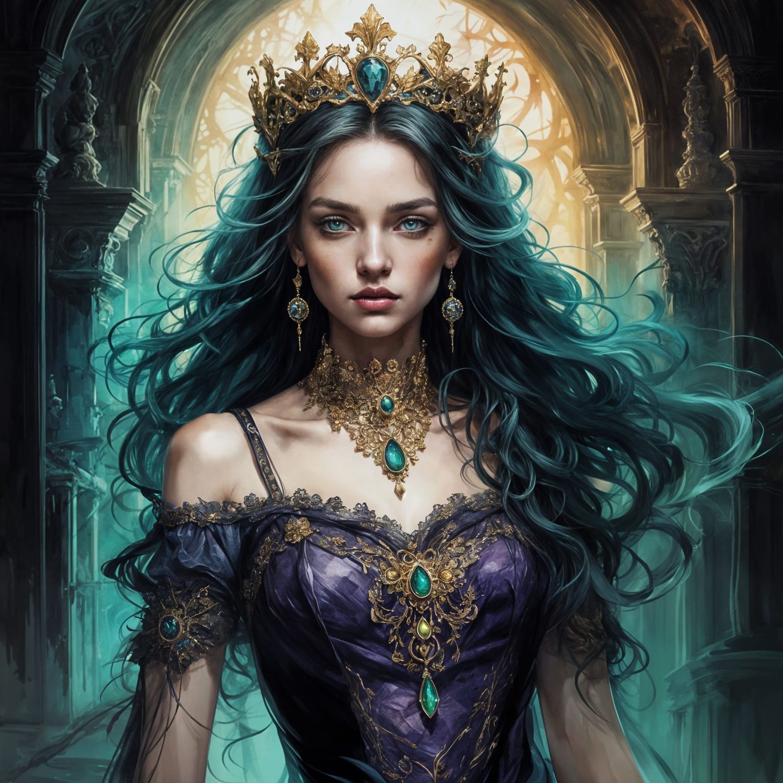 Gothic Queen Portrait in Ornate Purple Gown