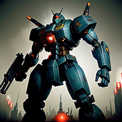 Gritty Mecha Warrior Engages in Intense Urban Combat