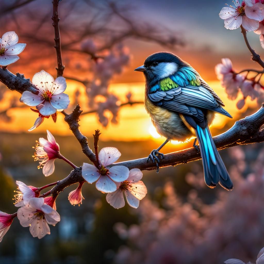 Glass Tomtit on Cherry Branch: Glass Art