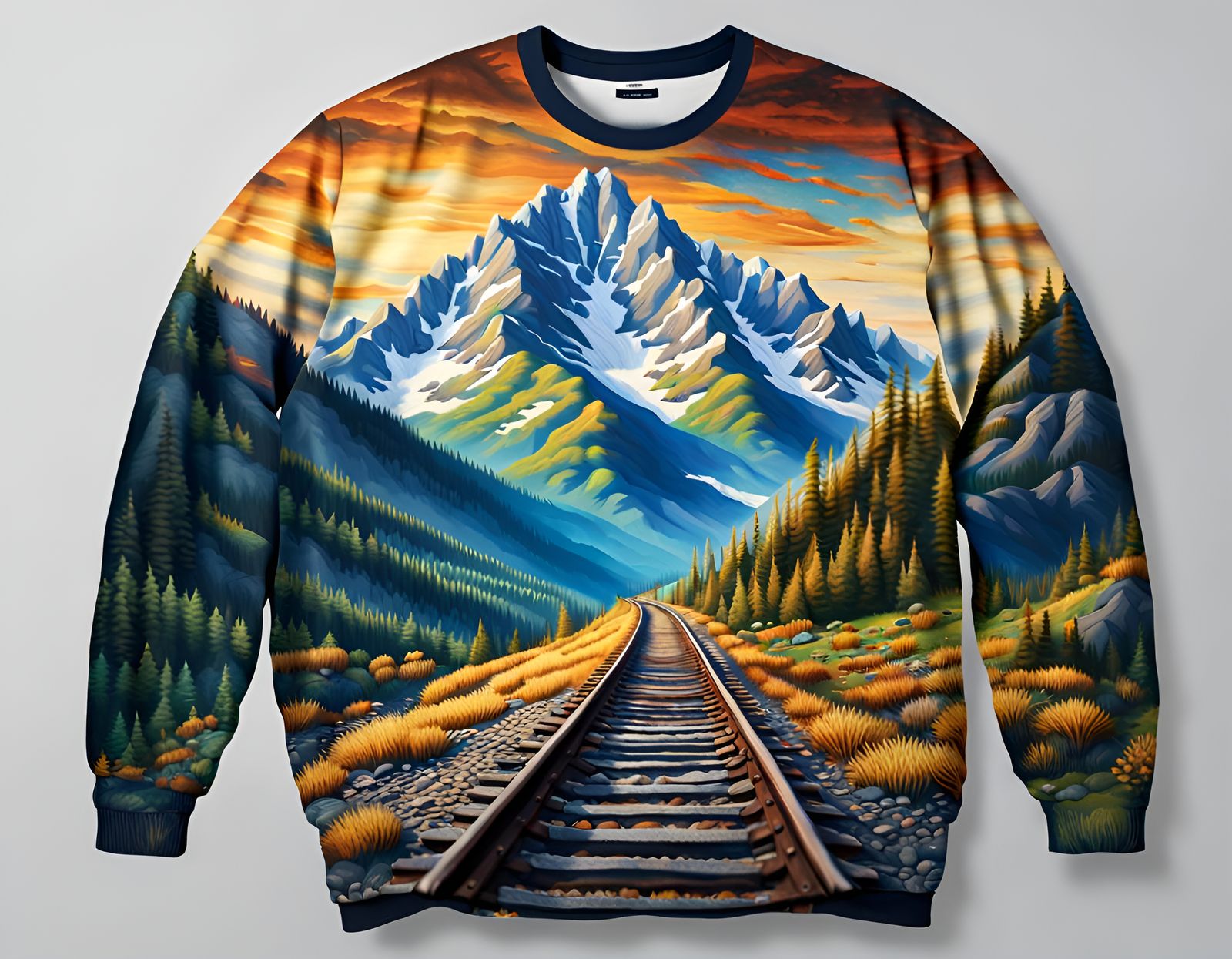 Mountain Landscape Sweatshirt with Railroad Zipper