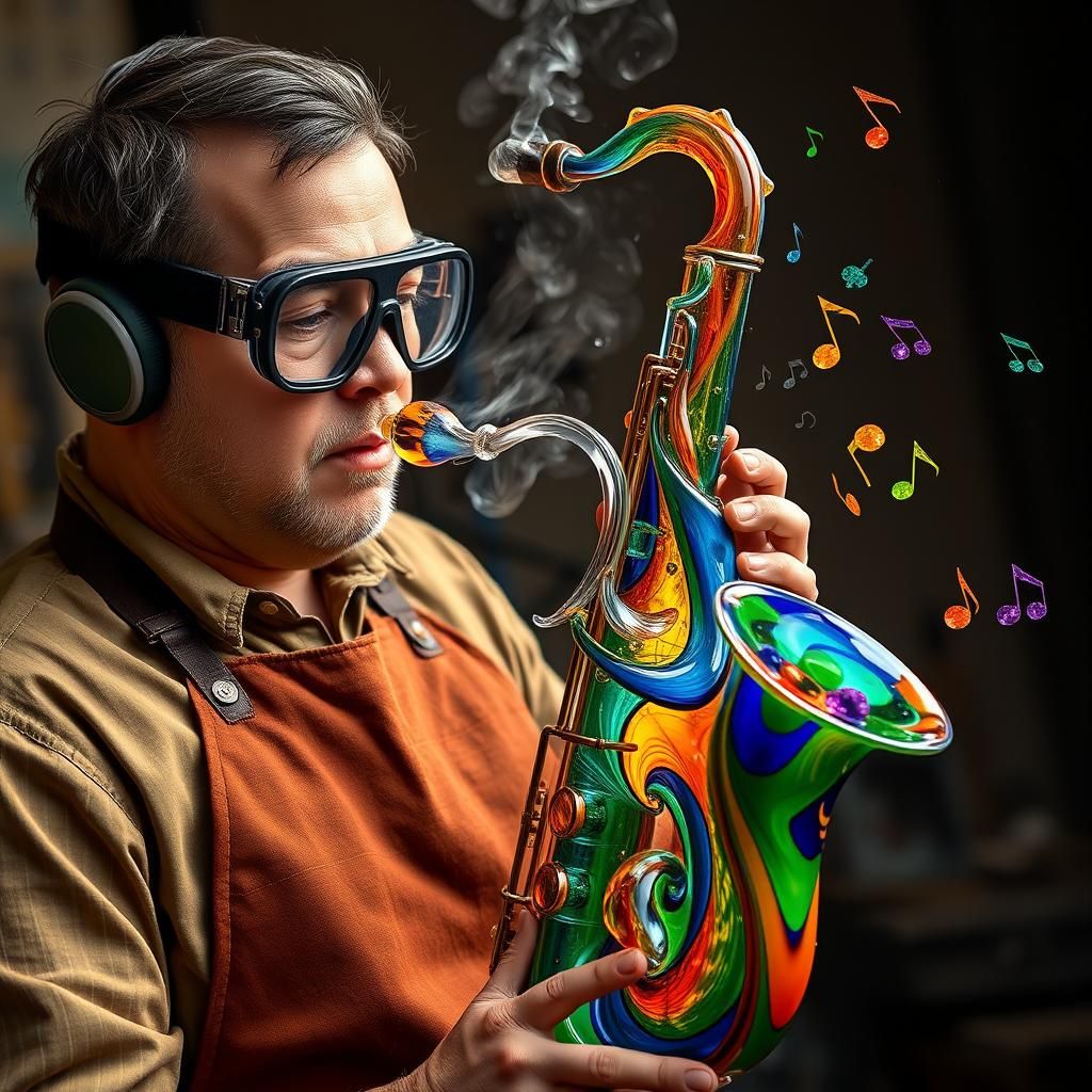 A glass blower artisan, wearing heat-resistant goggles and a...