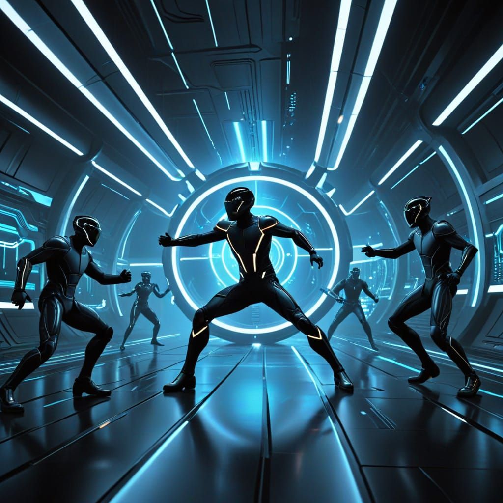 Epic Battle in Neon-Lit Futuristic Landscape