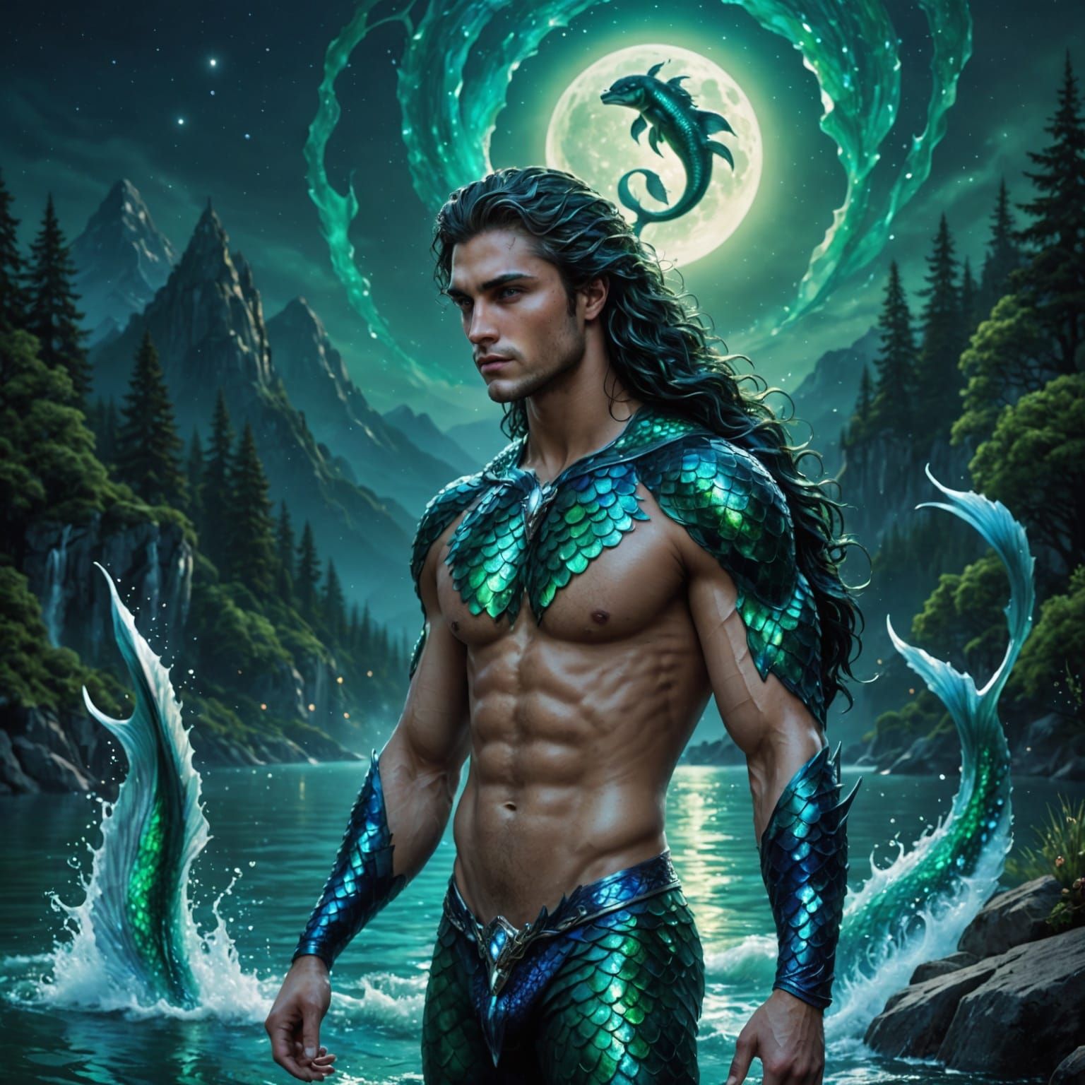 Hyperrealistic Merman Emerges from Lake in Moonlight