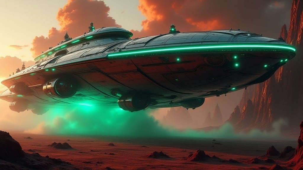 Sleek Spaceship Lands on Alien Planet in Neon-Lit Futuristic...