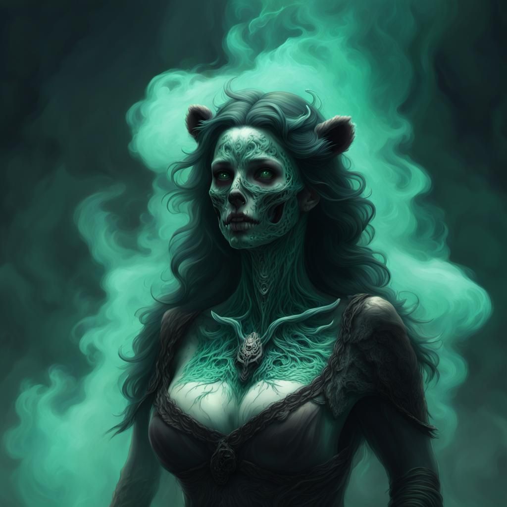 Eerie Undead Bear Portrait in Dark Emerald Ink