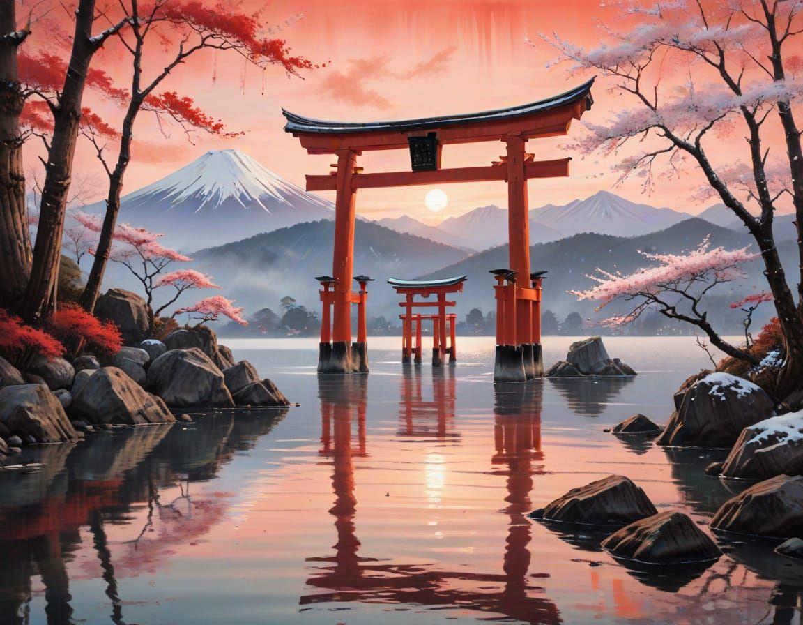 Torii Gate, Mount Fuji Sunrise in Sumi-e Style