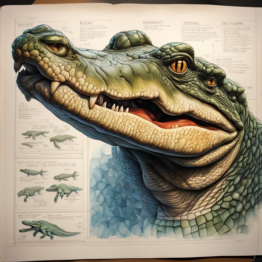 Detailed Alligator Blueprint in Graphic Novel Style