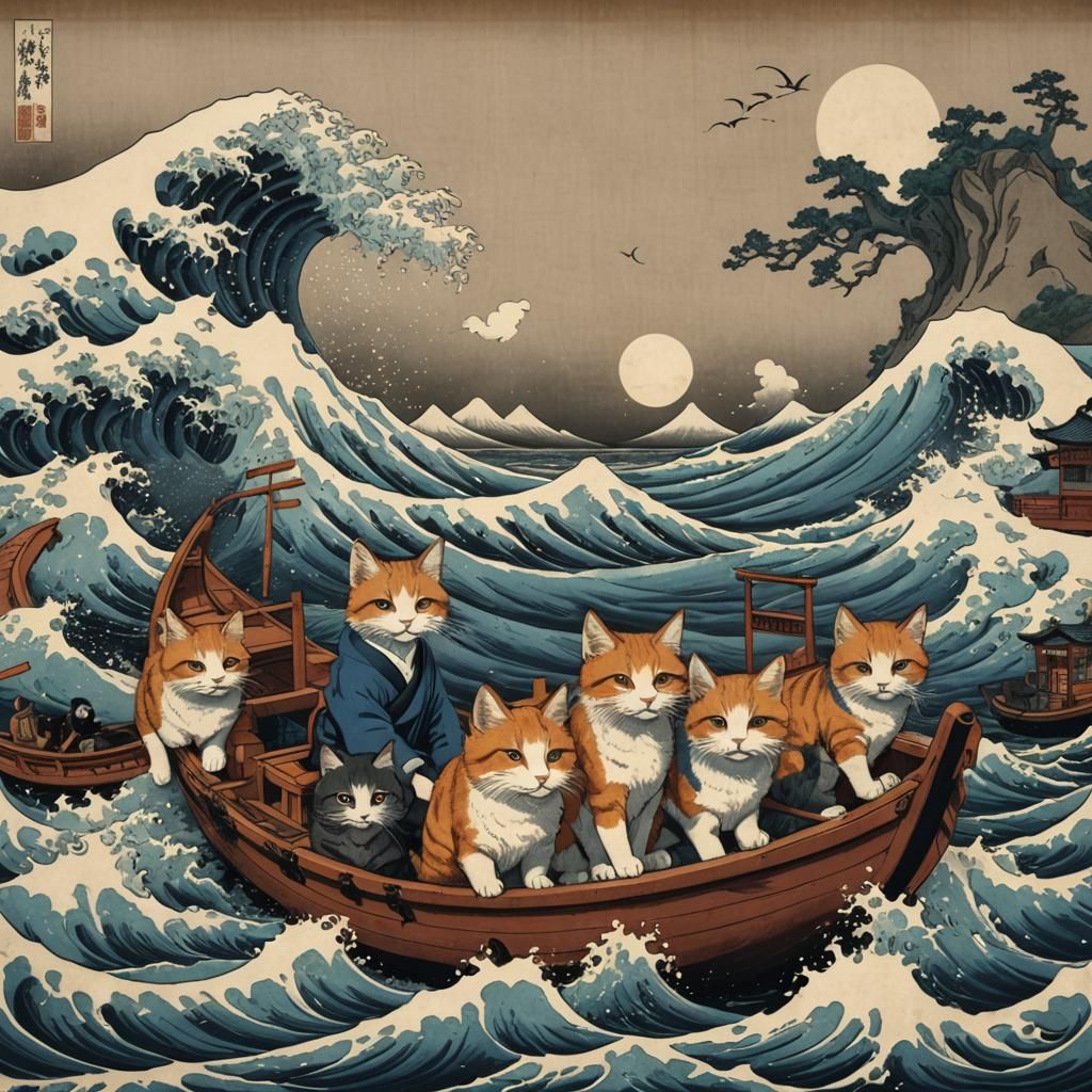 Katsushika Hokusai waves Ukiyo-e cats kitsune on boat Ukiyo-...