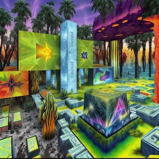 Psychedelic Monolith in Desert Landscape, 3D Render