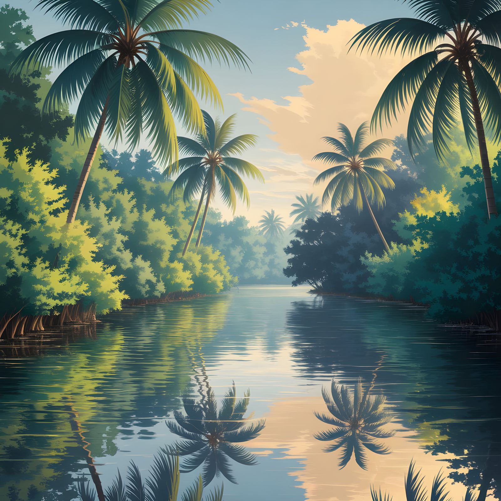 Surreal Tropical Riverscape in Watercolour Style