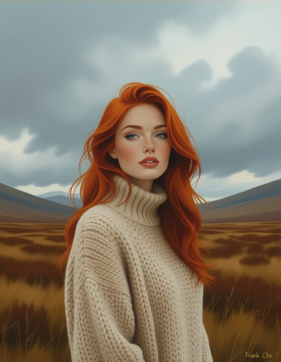 Redhead Woman in Scottish Moor Comic Art Style