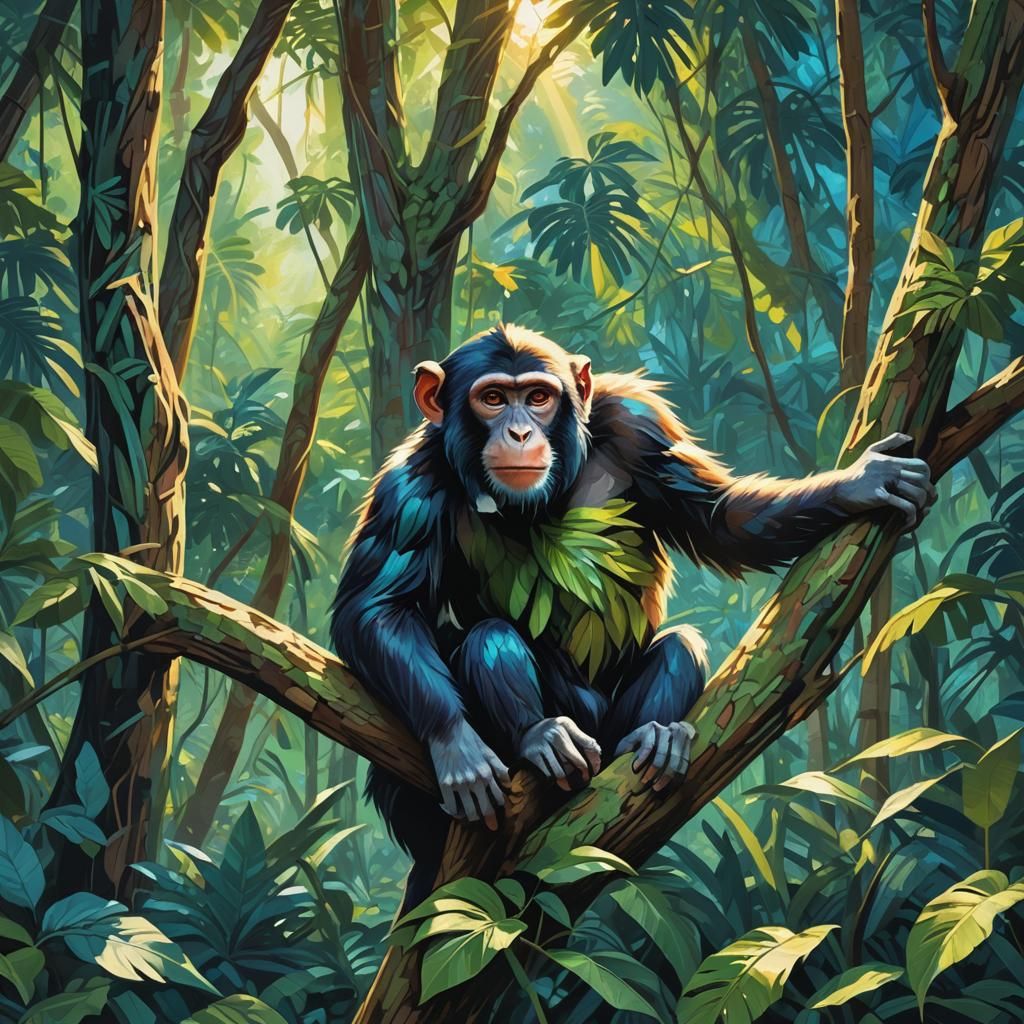 Monkey's Jungle Embrace: An Expressionist Illustration