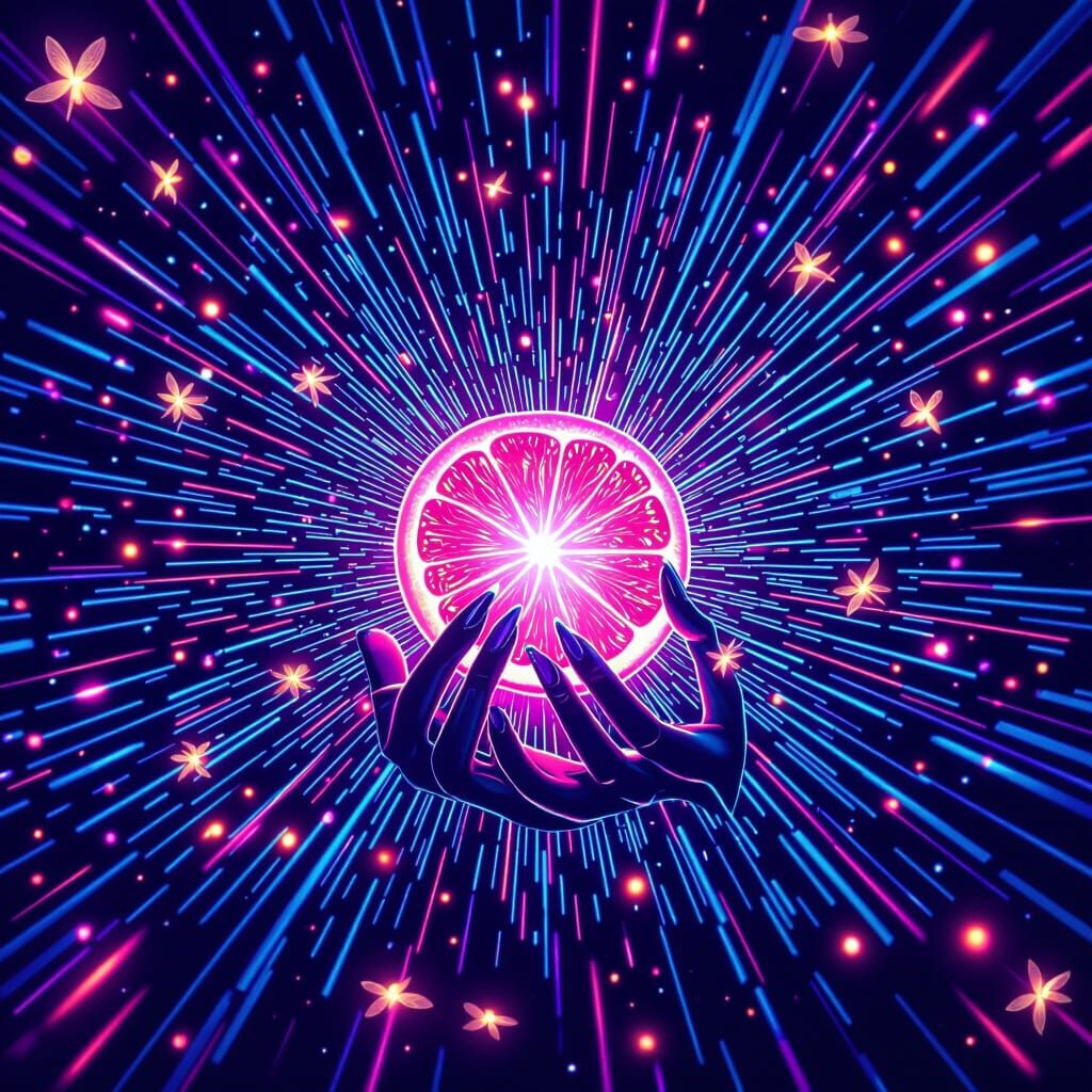 Goth Woman Offers Glowing Fruit in Smoky Matrix